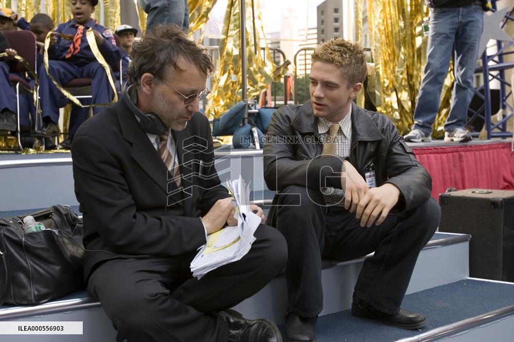 Director Sam Raimi and Topher Grace on the set of SPIDER-MAN