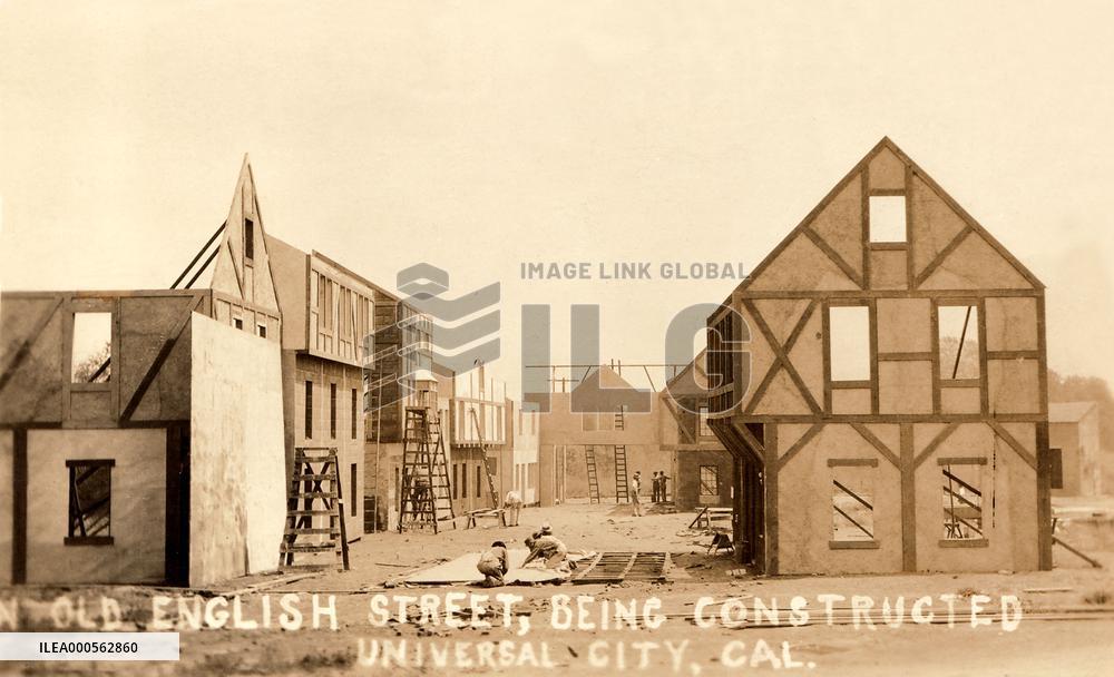 An old English street, being constructed at UNIVERSAL CITY,