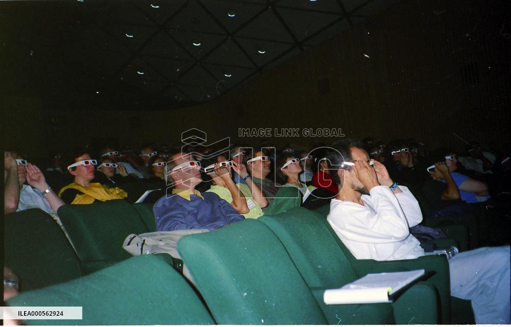 AN AUDIENCE WATCHING A 3 DIMENSION FILM IN LONDON'S NATIONAL