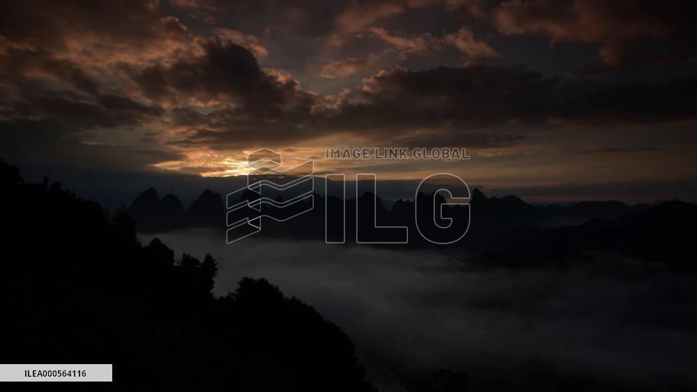 Drone Footage Fog-shrouded Mountains In Yangshuo