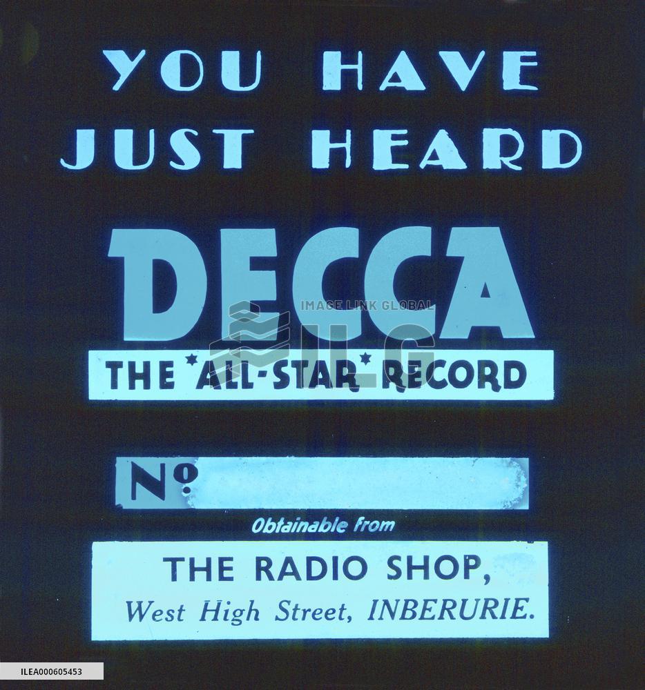 CINEMA ADVERTISING SLIDE promoting Decca Records and a shop