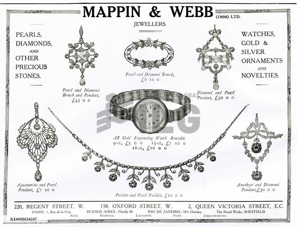 Advert for Mappin &amp; Webb pearl and diamond jewellery 1912