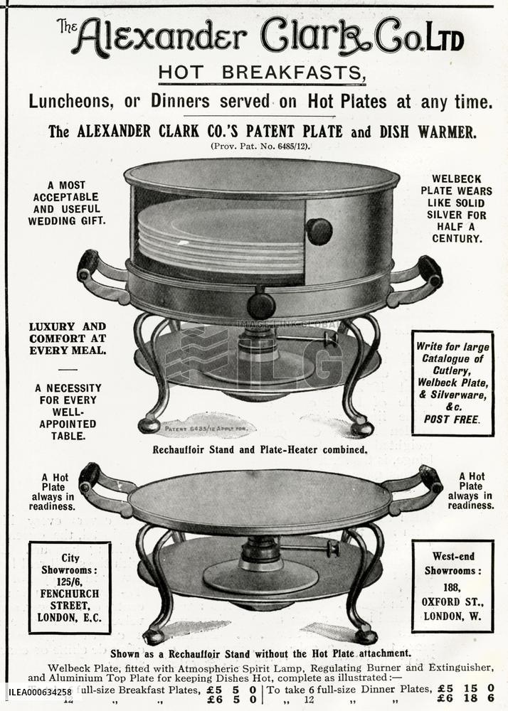 Advert for Alexander Clark, hot plate 1912