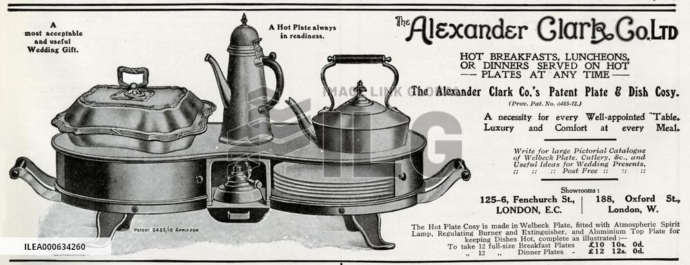 Advert for Alexander Clark, hot plate 1912
