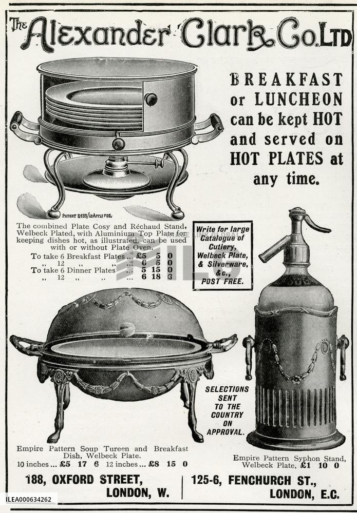 Advert for Alexander Clark, hot plate &amp; soup tureen 1912