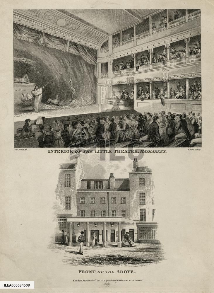 Interior and front view of the Little Theatre, Haymarket