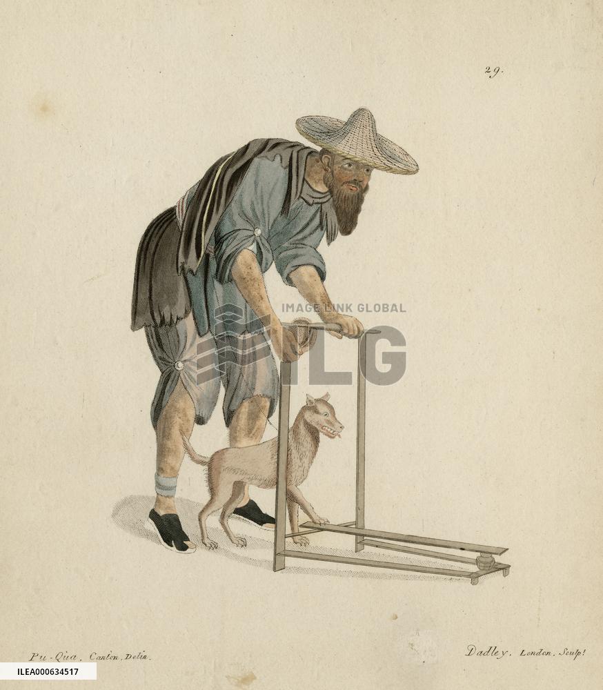 Chinese peasant pushing wooden tool, possibly for farming
