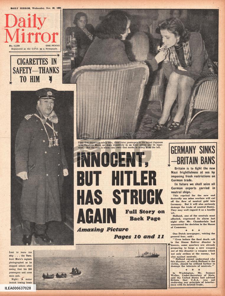 Japanese liner Terukuni Maru sinks after hitting German mine