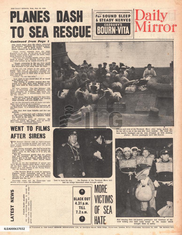 Japanese liner Terukuni Maru sinks after hitting German mine