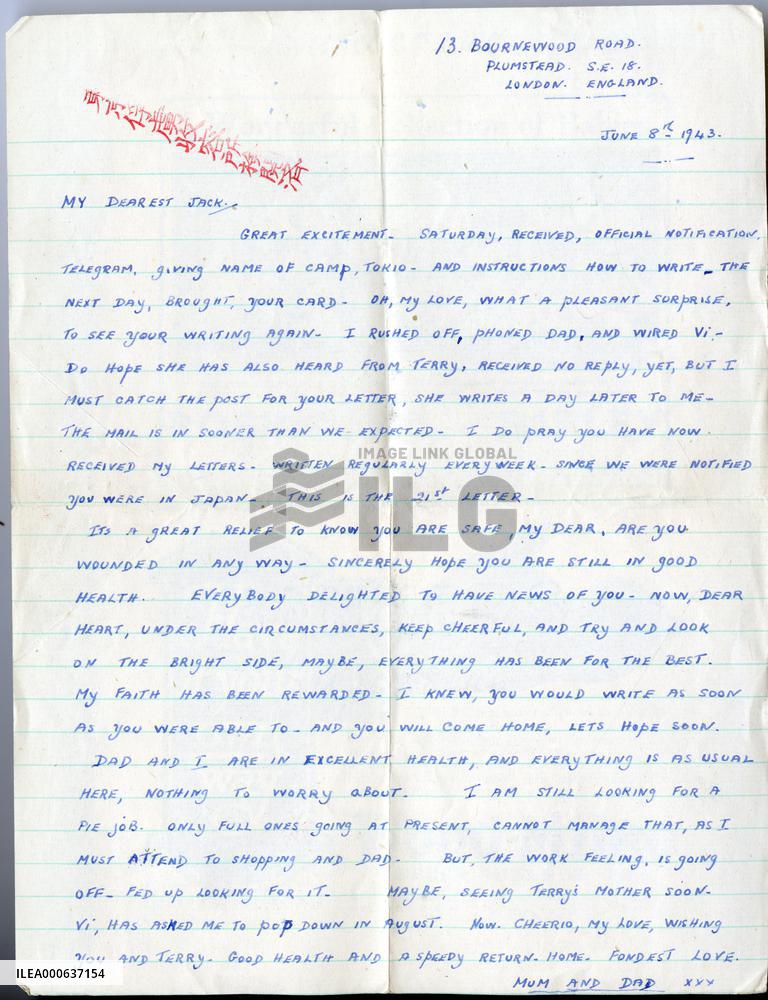 Letter to British soldier in Japanese POW camp, WWII