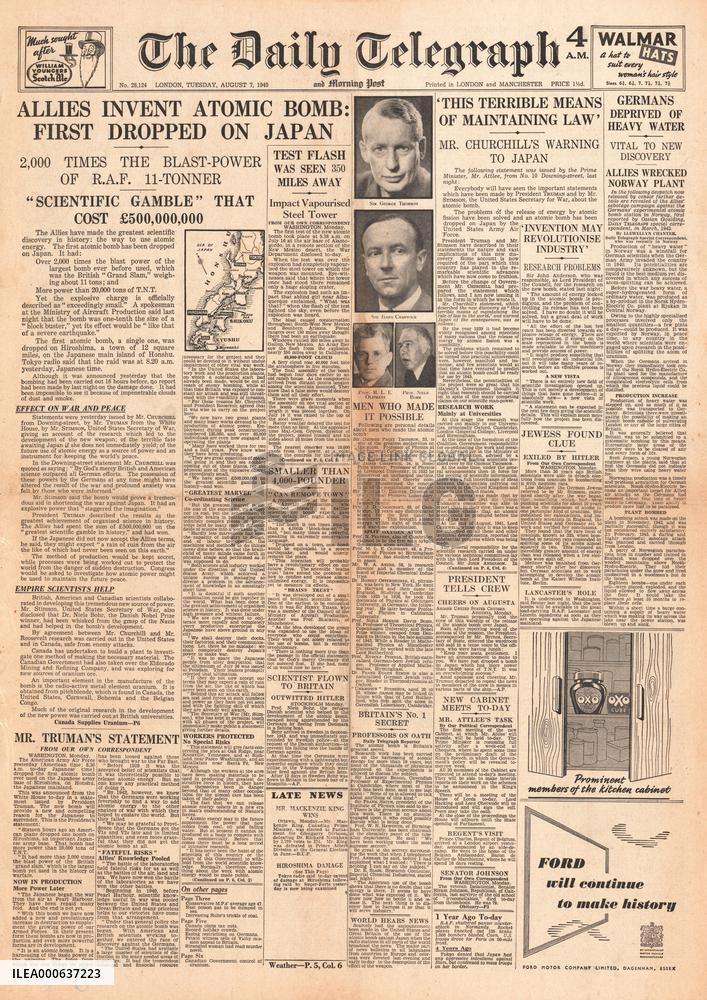 1945 Daily Telegraph Atom Bomb Dropped On Hiroshima