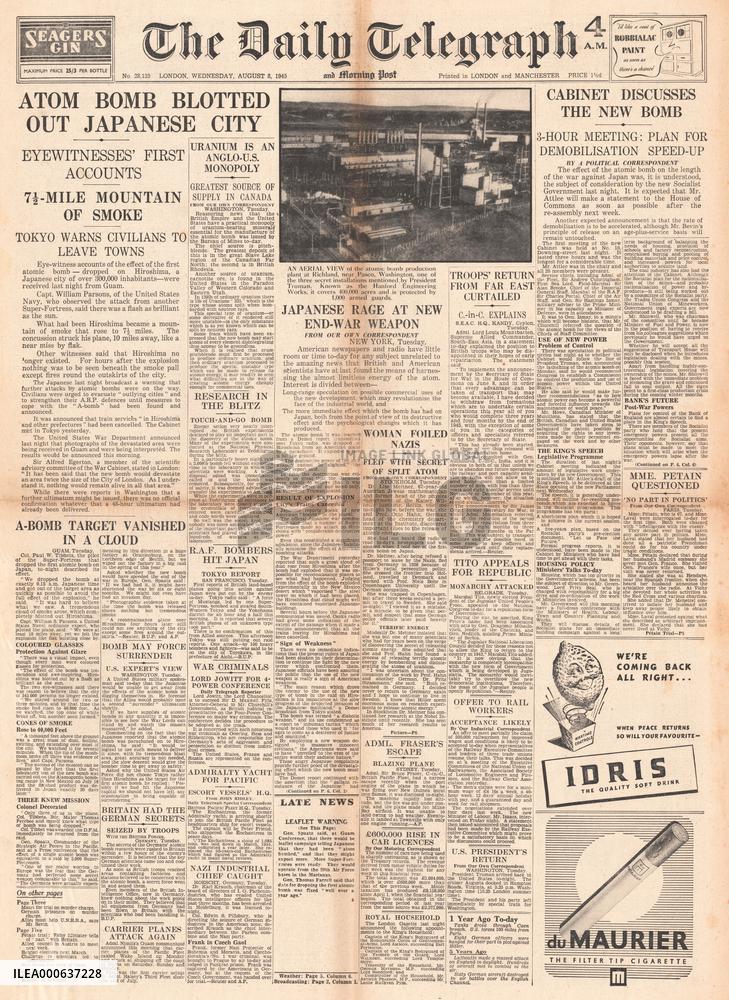 1945 Daily Telegraph Atom Bomb Dropped On Hiroshima