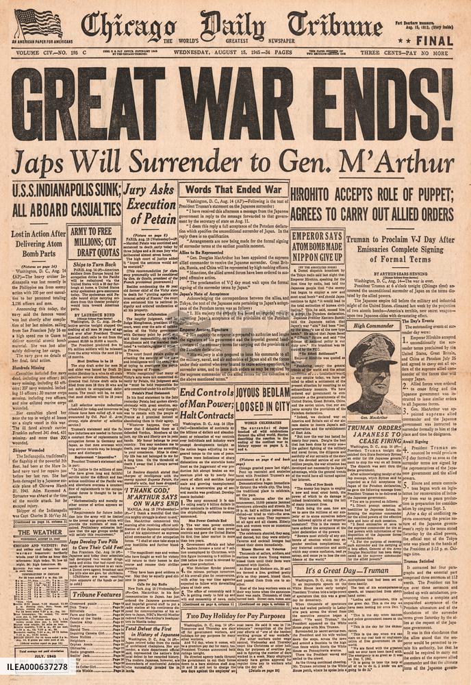 1945 Chicago Daily Tribune World War Two ends and VJ Day