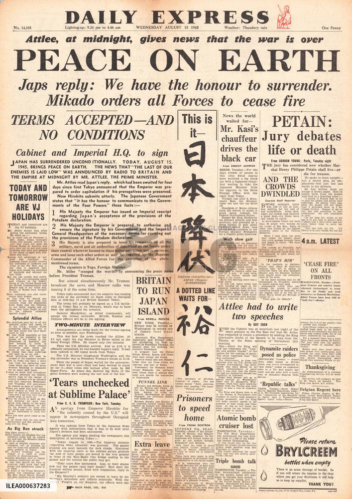 1945 Daily Express World War Two ends and VJ Day