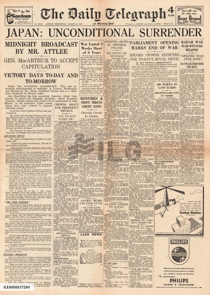 1945 Daily Telegraph World War Two ends and VJ Day