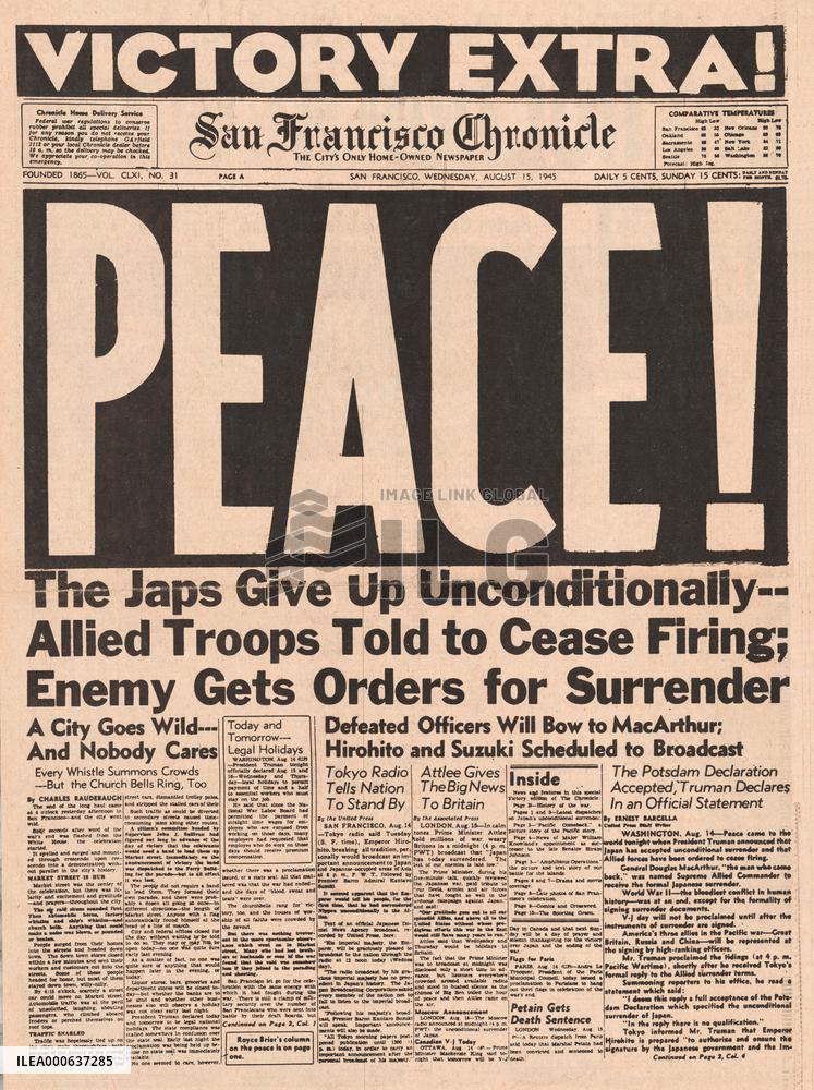 1945 San Francisco Chronicle World War Two ends and VJ Day