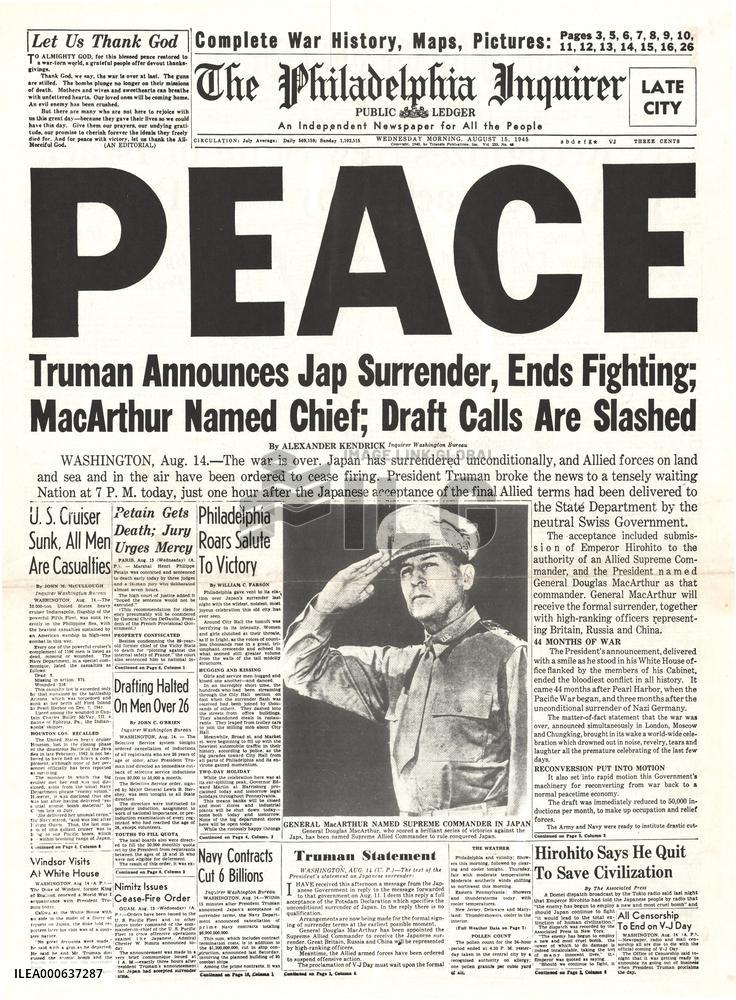 1945 Philadelphia Inquirer World War Two ends and VJ Day