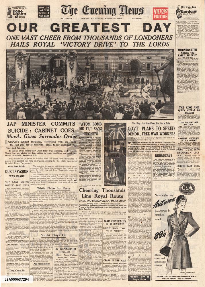 1945 Evening News (London) World War Two ends and VJ Day