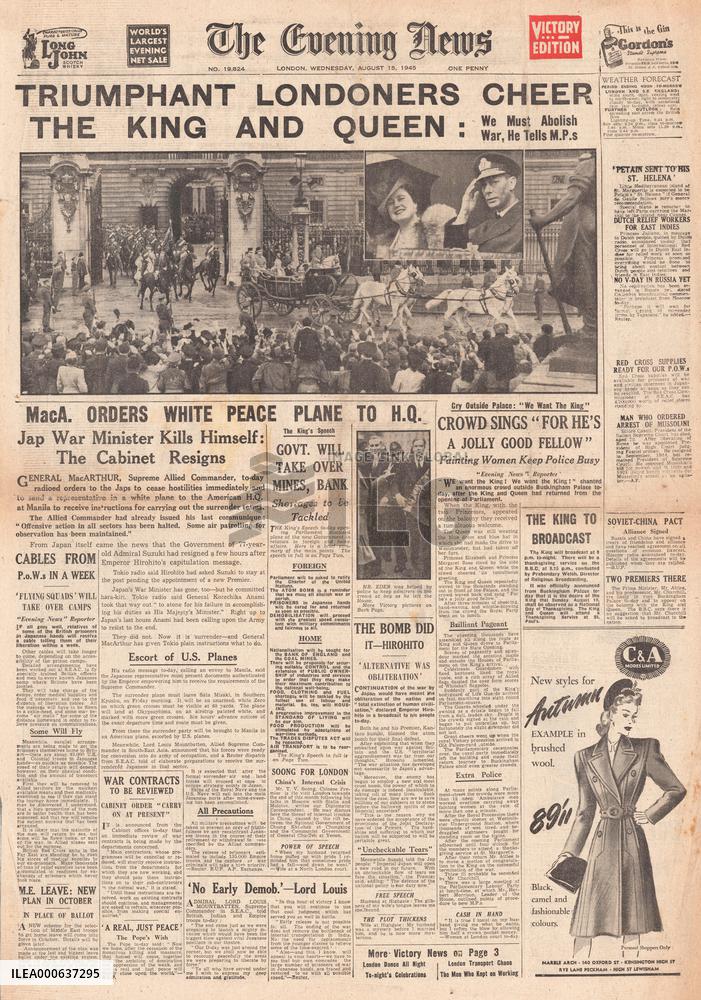 1945 Evening News (London) World War Two ends and VJ Day