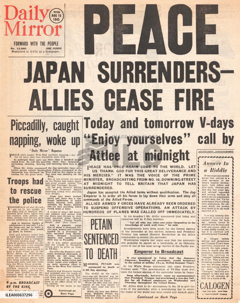1945 Daily Mirror World War Two ends and VJ Day