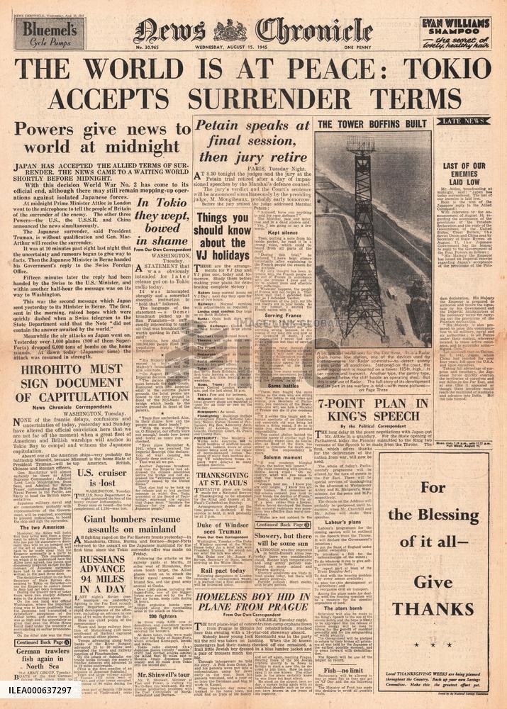 1945 News Chronicle World War Two ends and VJ Day