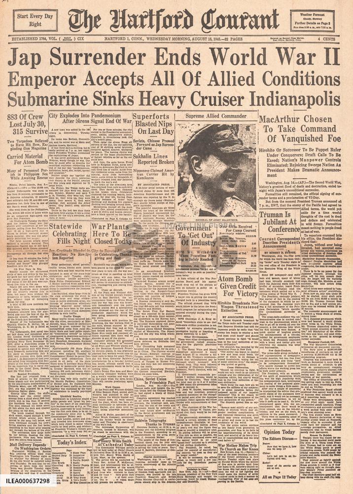 1945 Hartford Courant (USA) World War Two ends and VJ Day