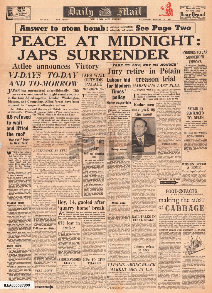 1945 Daily Mail World War Two ends and VJ Day