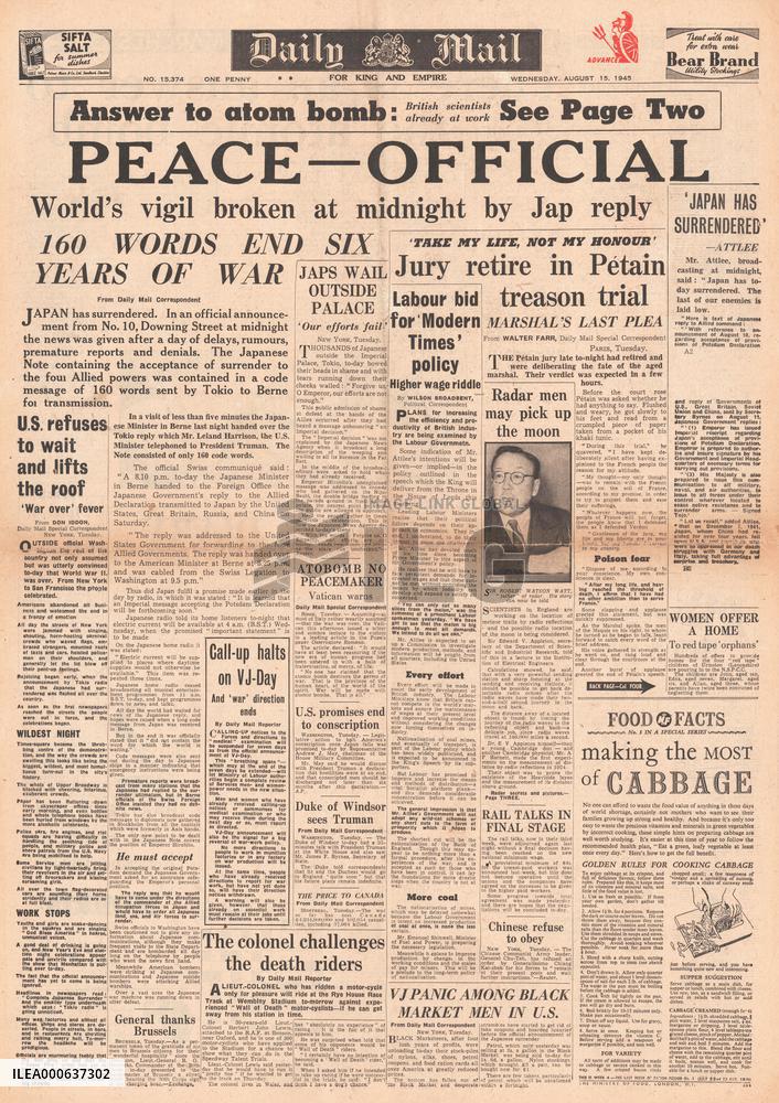 1945 Daily Mail World War Two ends and VJ Day
