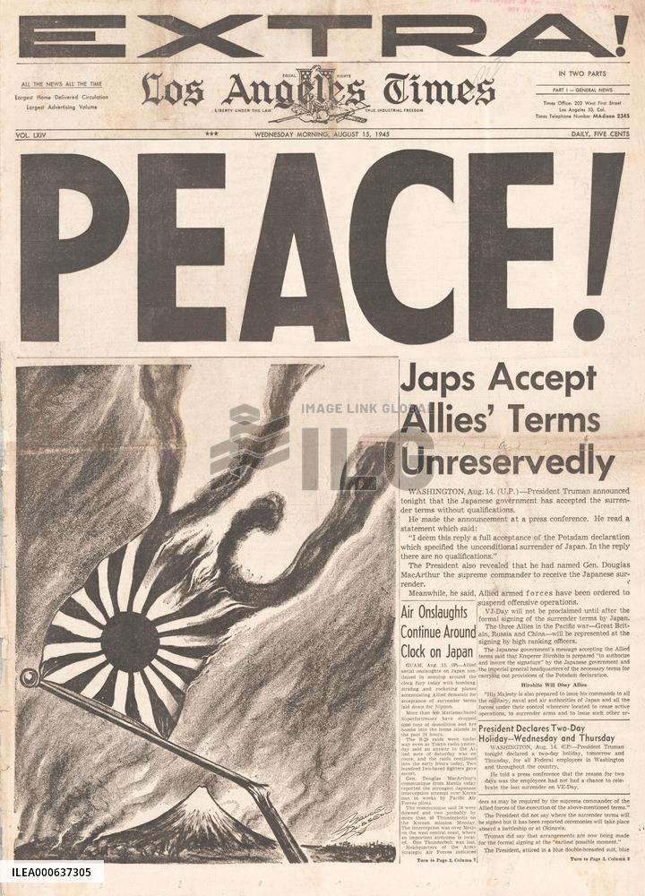 1945 Los Angeles Times World War Two ends and VJ Day
