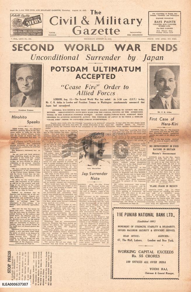 1945 Civil &amp; Military Gazette World War Two ends and VJ Day