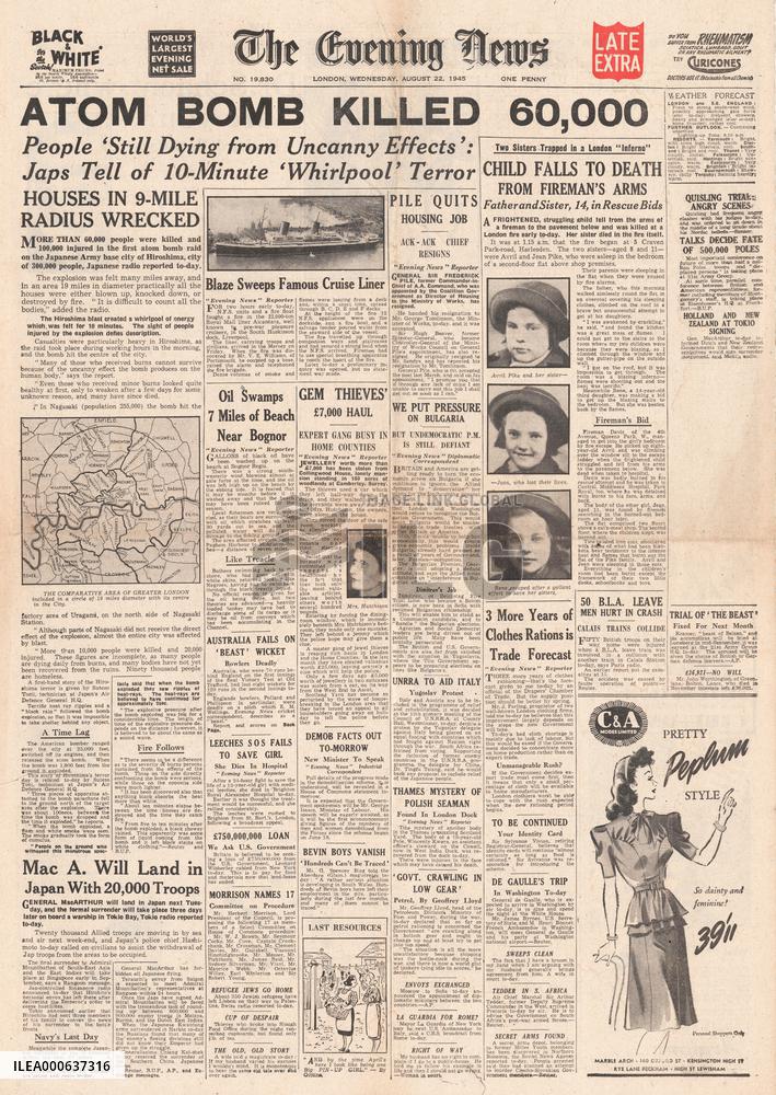 1945 Evening News (London) Atom Bomb on Hiroshima killed 60,
