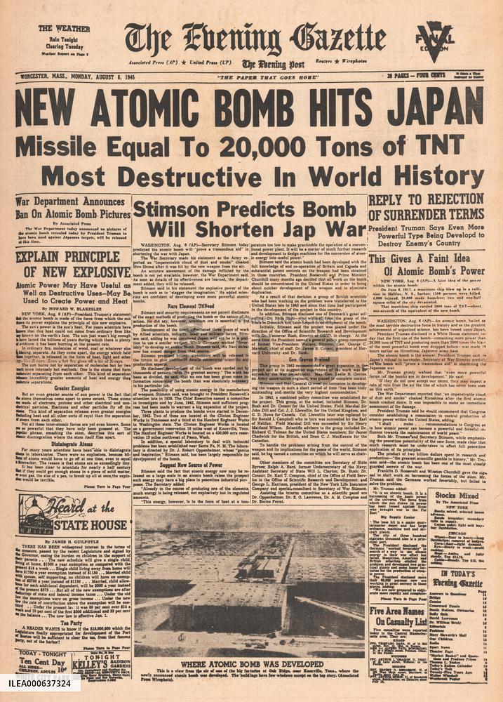 1945 Evening Gazette (USA) Atom Bomb Dropped On Hiroshima