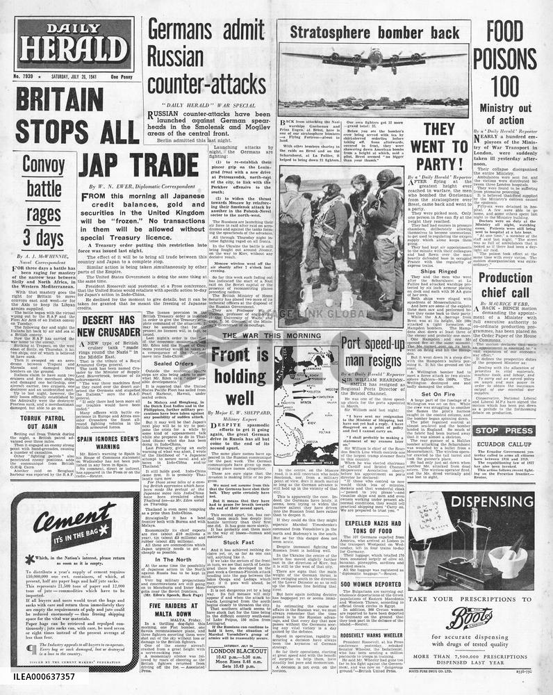 1941 Daily Herald Britain and US Stop all trade with Japan