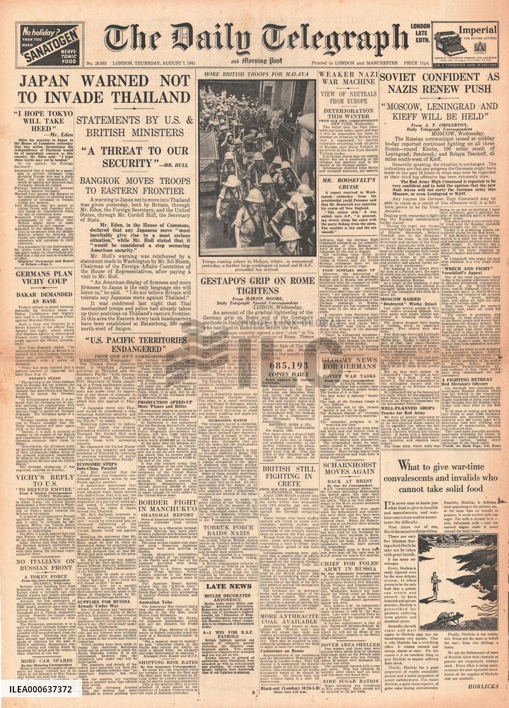 1941 Daily Telegraph Britain and US warn Japan over Thailand