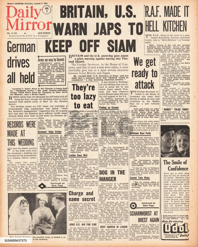 1941 Daily Mirror Britain and US warn Japan over Thailand