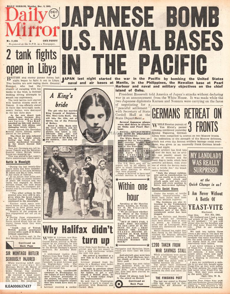 1941 Daily Mirror Japan Attacks Pearl Harbour