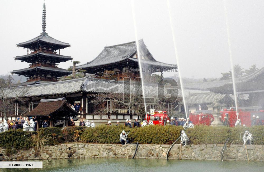 Firefighting drills conducted at Horyuji Temple in Nara