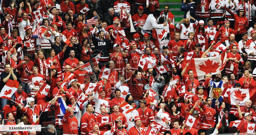 Stands in red during U.S. vs Canada match in men's ice hockey gam