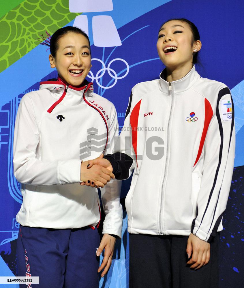 Asada, Kim attend press conference after women's short program