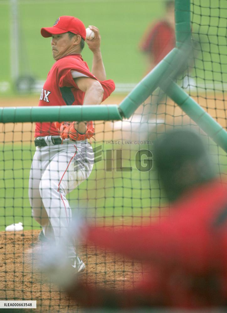 Matsuzaka pitches during Red Sox batting practice