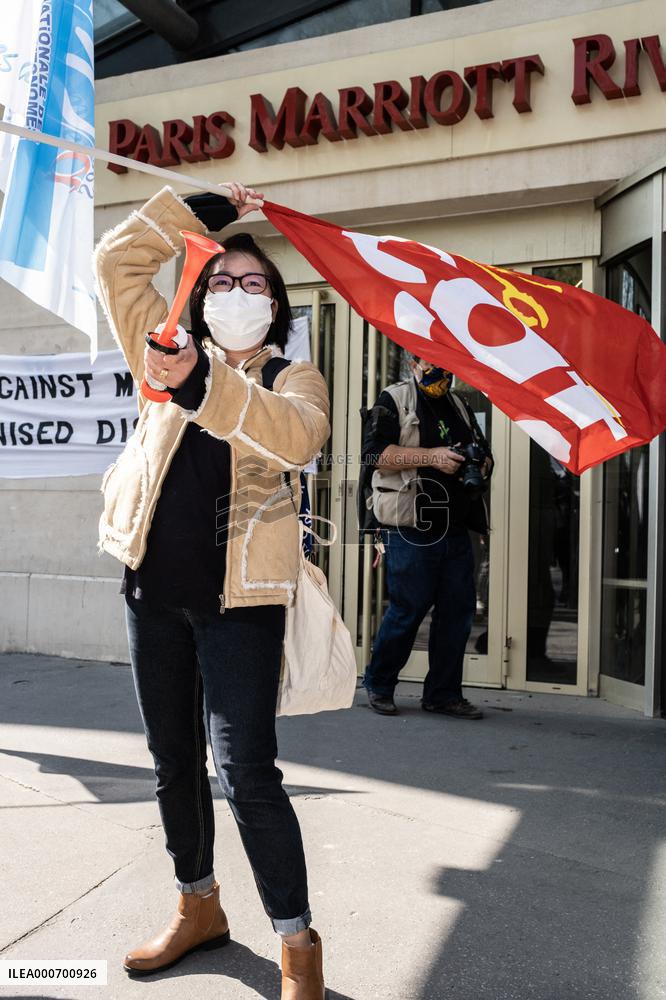 Protest outside the Marriott hotel  - Paris