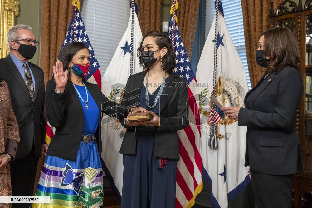 US Vice President Kamala Harris participates in ceremonial swearing in of Debra Haaland as Secretary of the Interior