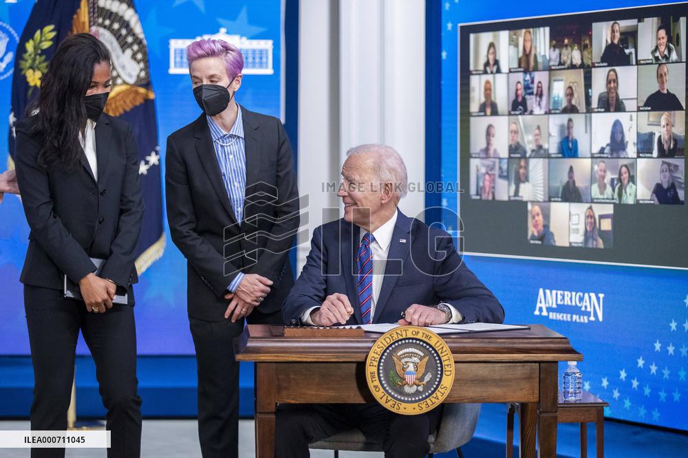 US President Joe Biden participates in an event to mark Equal Pay Day
