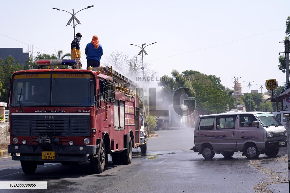 Workers Spray Disinfectant On The Road In Ajmer - India