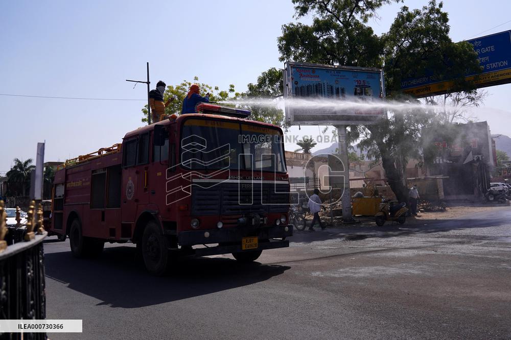 Workers Spray Disinfectant On The Road In Ajmer - India