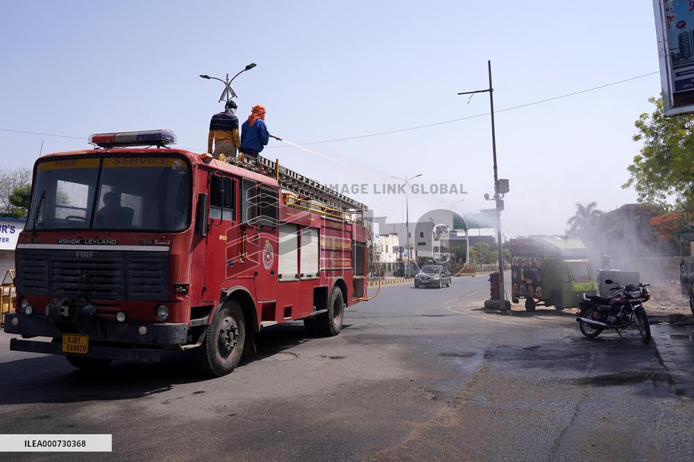 Workers Spray Disinfectant On The Road In Ajmer - India