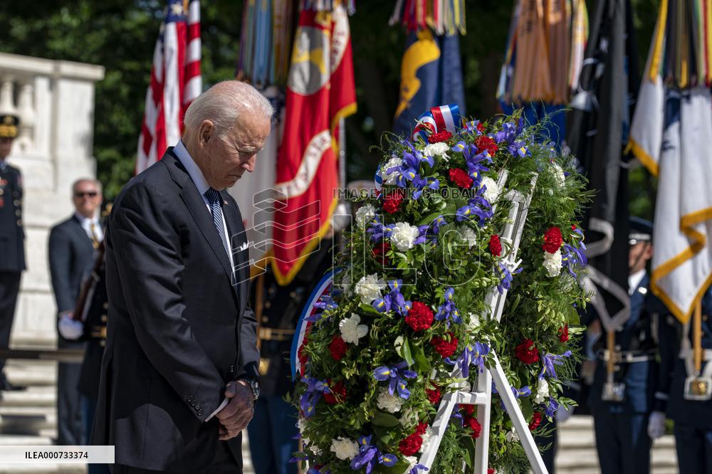 President Biden lays a wreath at Tomb of the Unknown Solider at Arlington National Cemetery