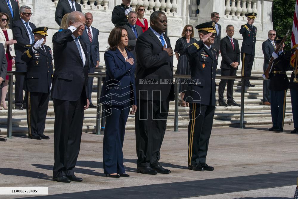 President Biden lays a wreath at Tomb of the Unknown Solider at Arlington National Cemetery