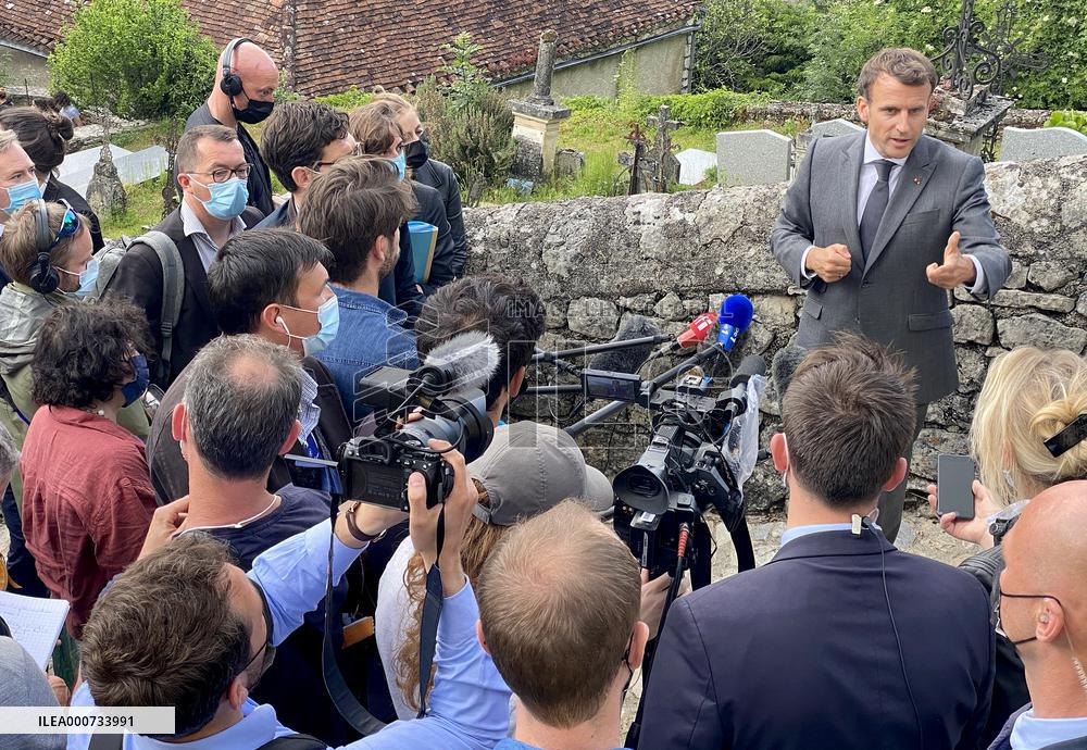 President Macron During A Visit In Saint-Cirq-Lapopie