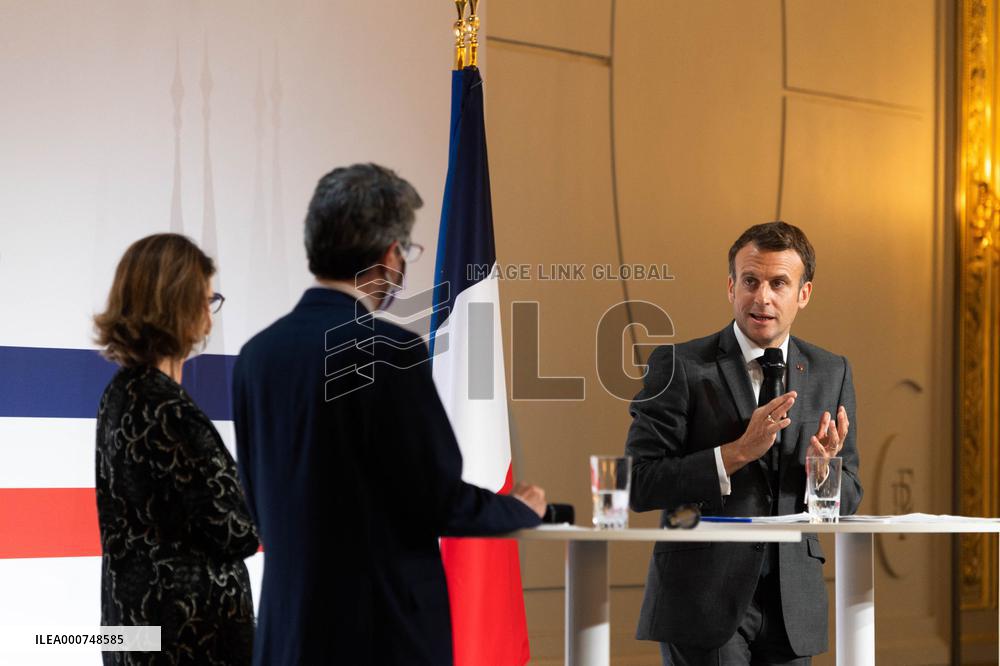 Emmanuel Macron attends the launching of the French CSIS